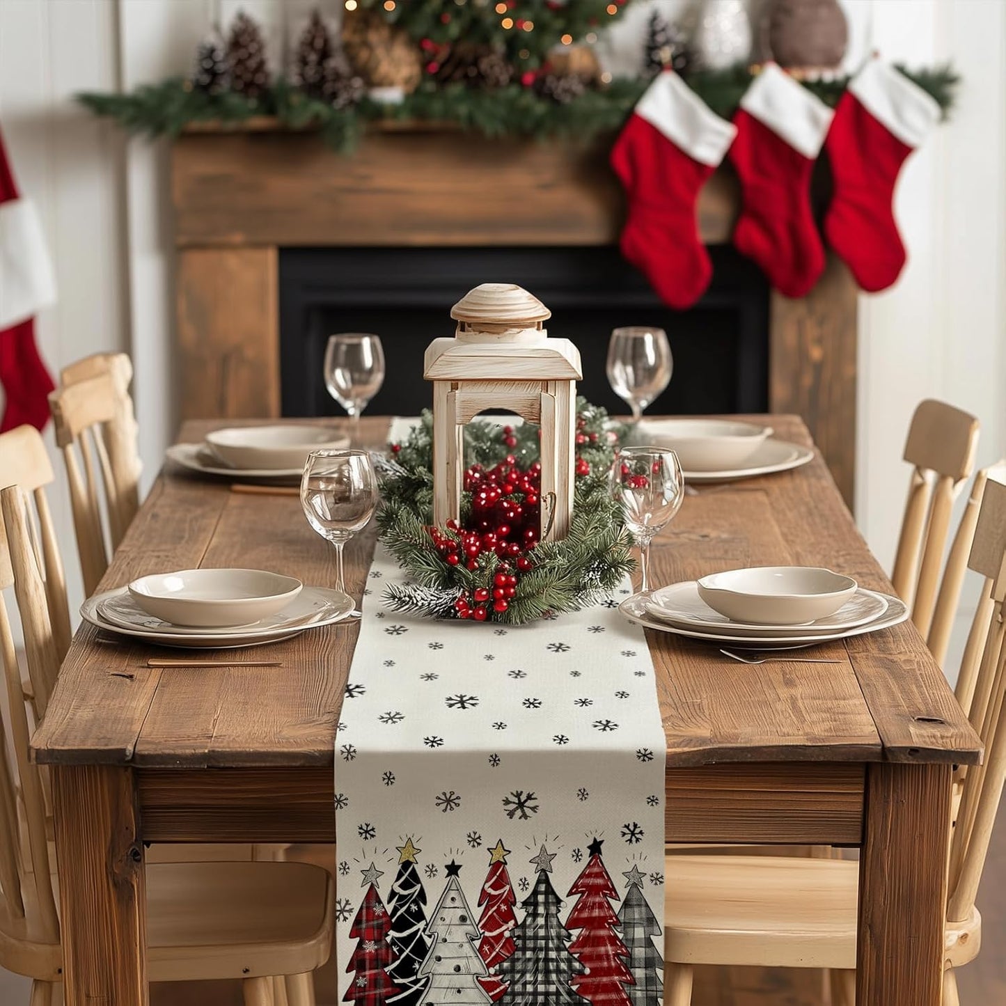 GEEORY Christmas Table Runner 13x90 Inch, Xmas Tees Snowflakes Holiday Decorative Farmhouse Table Decoration for Kitchen Dinning, Indoor Outdoor Dinner Party Decor ((Red & Black) GT165-90