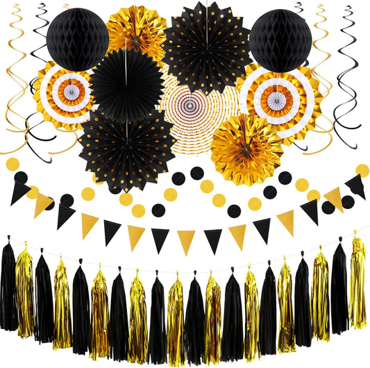 Black-Gold Graduation Party-Decorations - 33pcs Kits Banner, Streamers Tassel Garland,Tissue Pom Poms Honeycomb, Paper Lantern Fans,Wedding New Year Birthday Baby Shower Decor Hugtmr