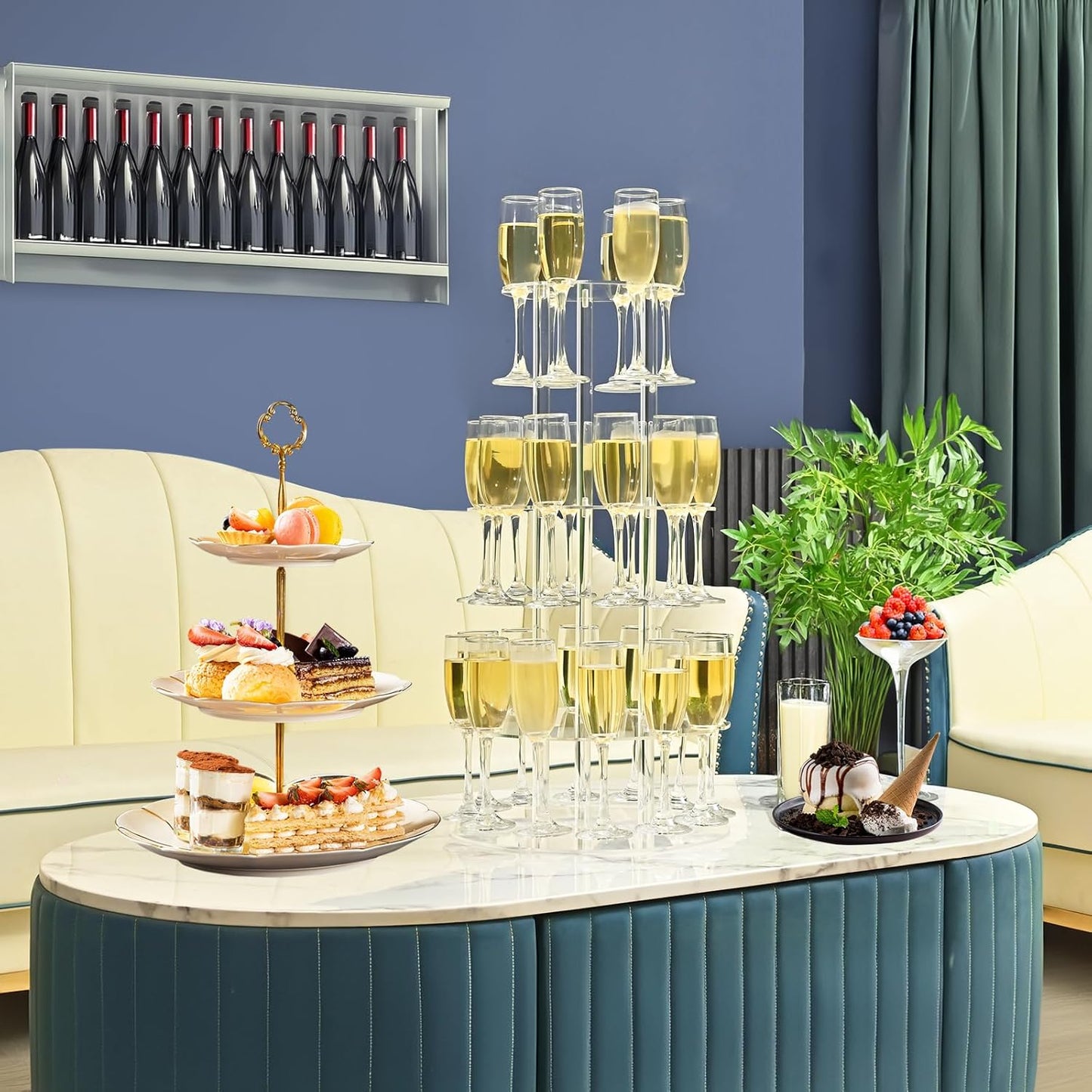 Champagne Tower, Circle Acrylic Champagne Display Rack Stand with 28 Slots, 3 Tier Floating Sight Champagne Flute Holder for Party, Wedding, School, Celebration, 13.4x13.4x25.5 inch, 2Pcs