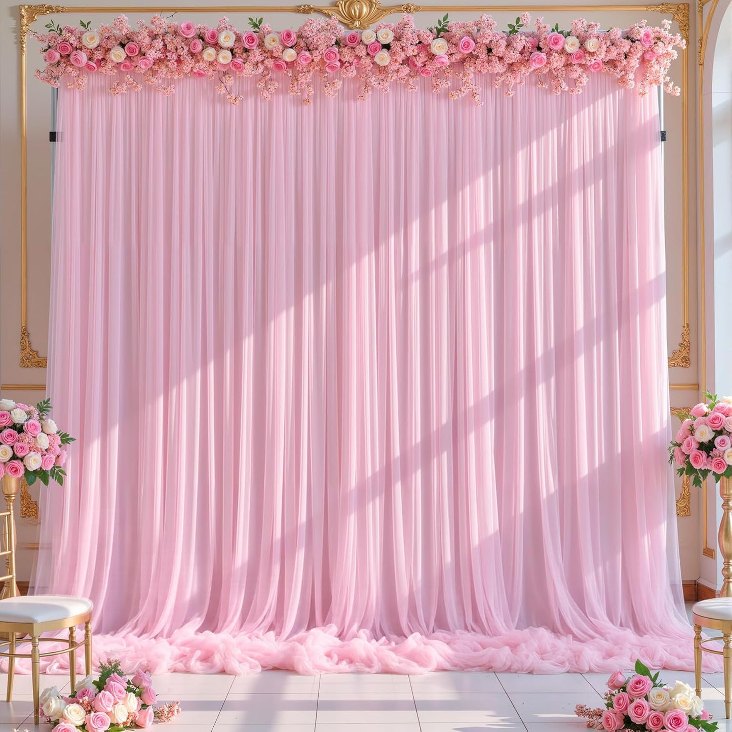 Baby Pink Tulle Backdrop Curtain for Wedding Parties,10ft x 10ft Wrinkle Free Curtain Backdrop,2 Layer Drapes for Backdrop,Polyester Back Drop for Bridal Shower Birthday Baby Shower Photography