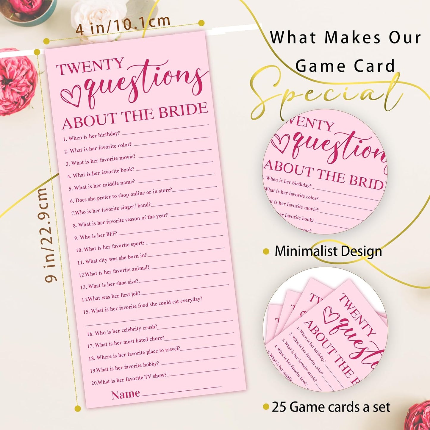 4x9 Inch Wedding Party Games, Bridal Shower Cards, 25 Pink Bridal Shower Games for Wedding Reception, Bachelorette, Engagement Party, Minimalist Guest Interaction Activity Cards-A12