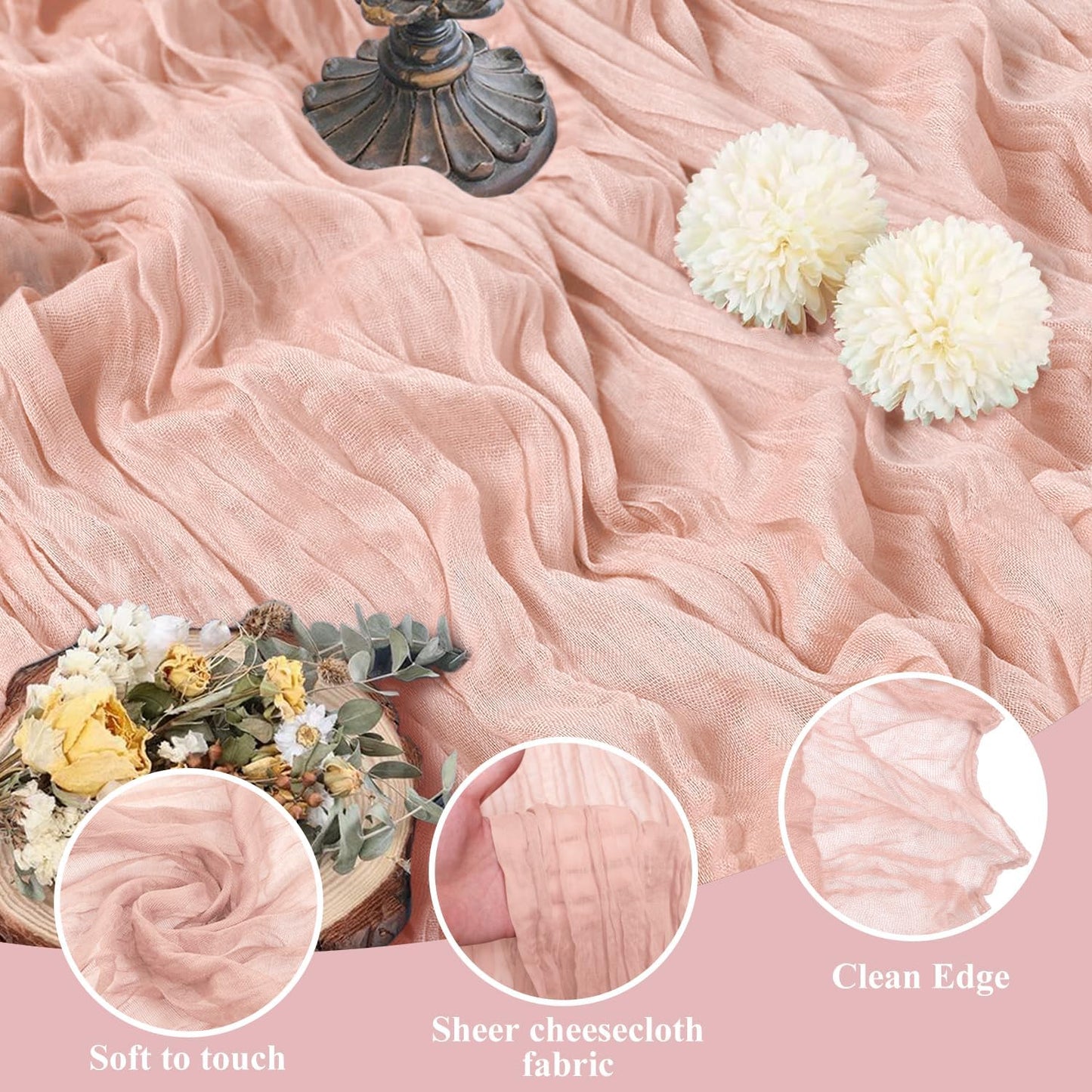 Asee'm 6PCS Table Runner Cheesecloth 10FT Dusty Pink Boho Gauze Fabric Rustic Sheer Cheese Cloth Runners for Wedding Bridal Shower Party