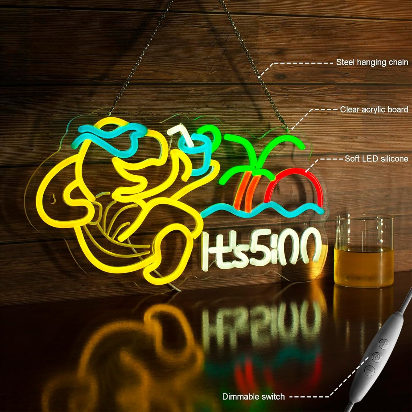 Turtle Its 5 00 O'clock Neon Signs for Wall Decor,Led Neon Light,Dimmable,USB Powered, Five Oclock for Home Bar Shop Beer LED Light Man Cave Garage Pub