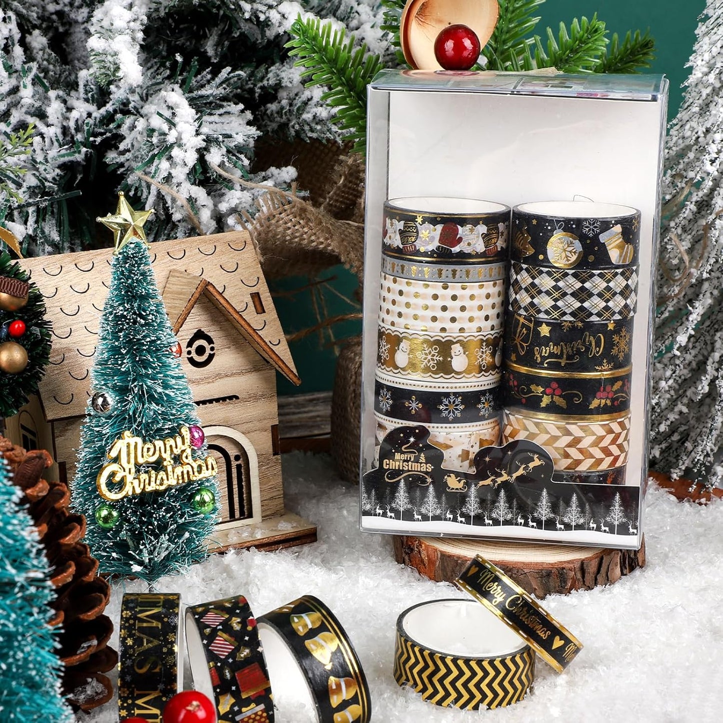 18 Rolls Christmas Washi Tape Holiday Masking Tape Black Christmas Wrapping Tape Glod Silver Foil Decorative Tape for Christmas Scrapbook Journal DIY Craft Gift Wrapping（Xmas Black