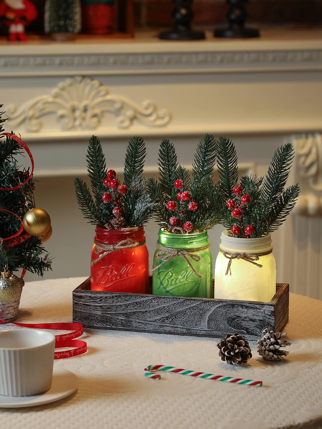 Christmas Mason Jars, Christmas Centerpiece Table Settings, Wood Tray with 3 Painted Jars, Dining Coffee Table Centerpiece, For Kitchen, Living Room, Colorful Mason Jar Decor with Flowers