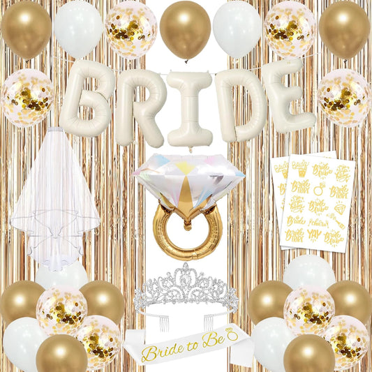 Trgowaul Bride to Be Decorations for Women, Bride to Be Banner, Bridal Shower Tiara, Sash&Veil, Fringe Curtains, Champagne Gold Bachelorette Bridal Shower Fecorations Party Supplies