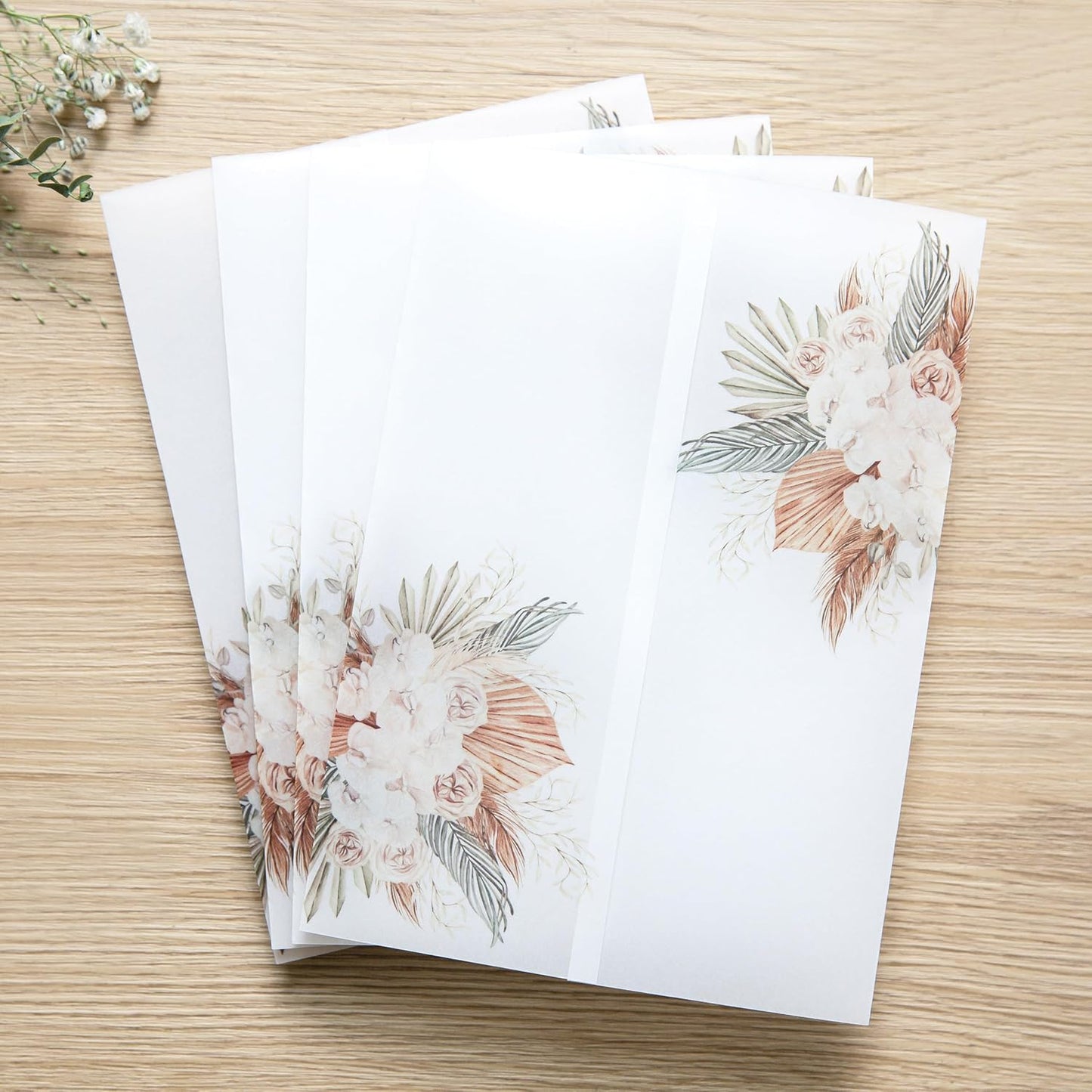PONATIA 50PCS Vellum Jackets for 5x7 Invitation Cards- 135GSM Boho Flowers Vellum Sleeves Paper - Wedding Invitations Wraps - Transparent Card Jacket