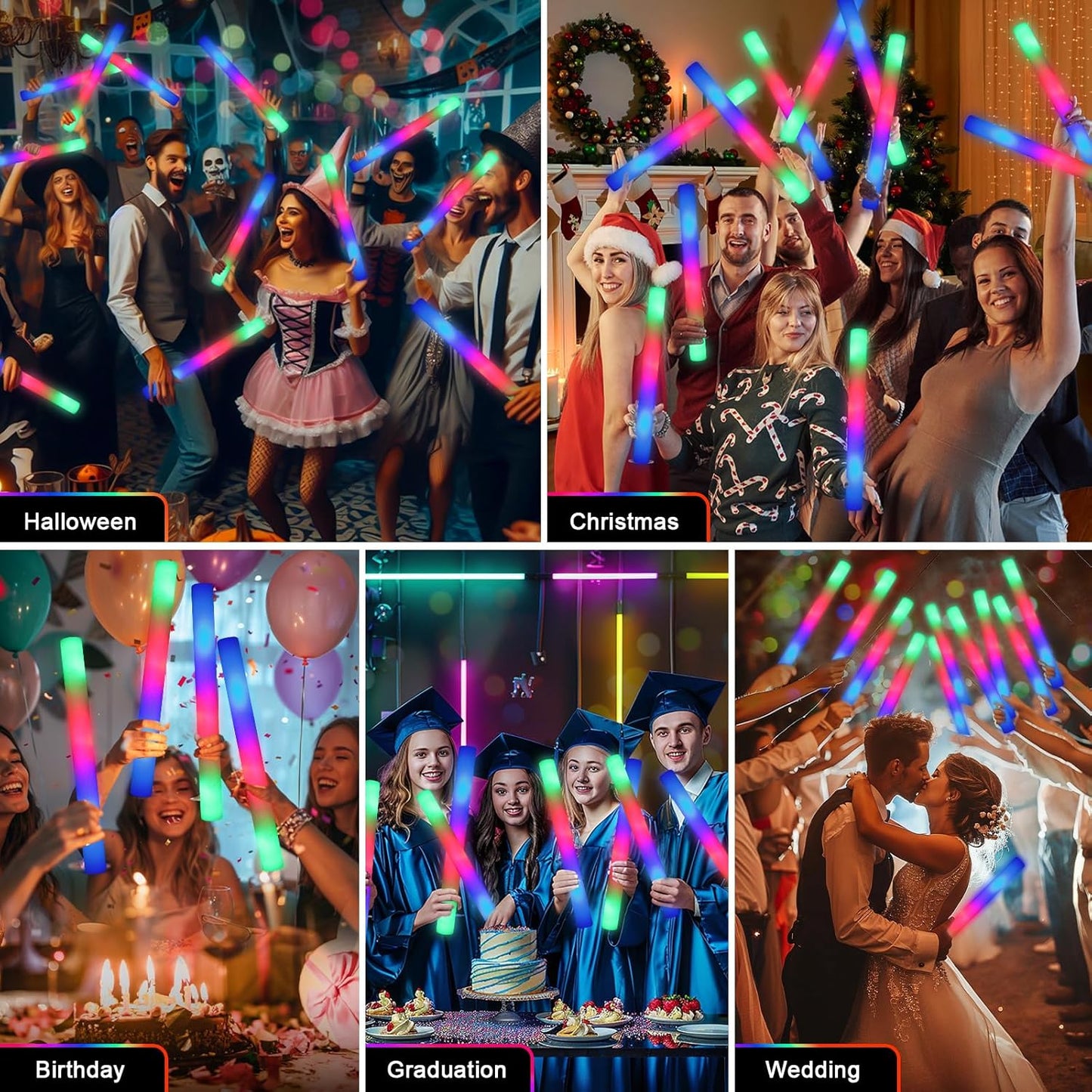 55 PCS Foam Glow Sticks, Foam Light Up Sticks Party Supplies with 3 Mode Colorful Flashing, Glow Sticks Bulk Party Pack, Led Foam Sticks for Birthday, Wedding, Halloween, Carnival, Concert