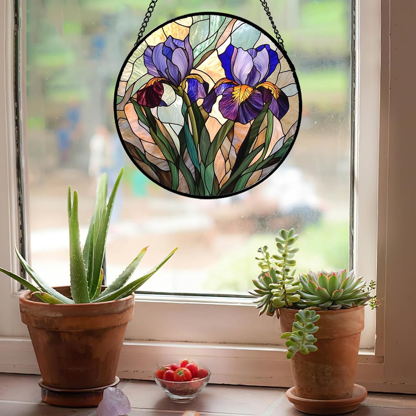 Stained Glass Window Hanging, Purple Blue Iris Birth Flower Suncatcher for Doors Garden Yard Sun Catchers Decor Christmas Mother's Day Birthday Gifts for Teacher Women Mom Nana Wife 15 in
