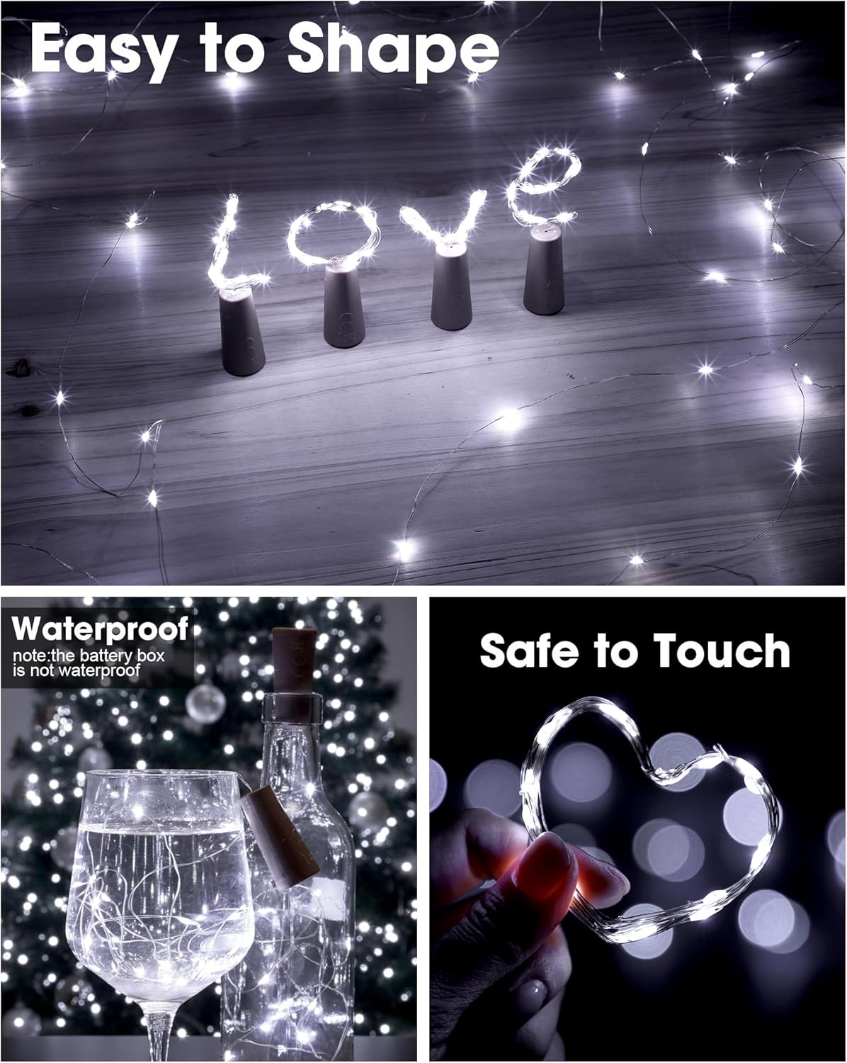 Hortsun 60 Pack Wine Bottle Lights with Cork Fairy Mini String Lights Battery Operated Mini Waterproof 7 ft Silver Wire 20 Led Cork Shape for Christmas, DIY, Party, Decor, Wedding, Bar(Cool White)