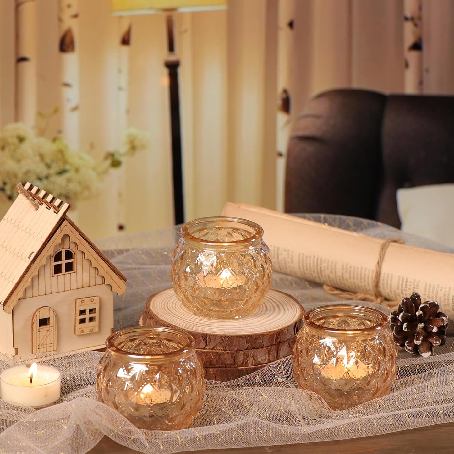 DARJEN 48Pcs Gold Votive Candle Holders - Round Glss Candle Holders Bulk for Table Centerpiece, Tea Lights for Wedding Shower, Party & Home