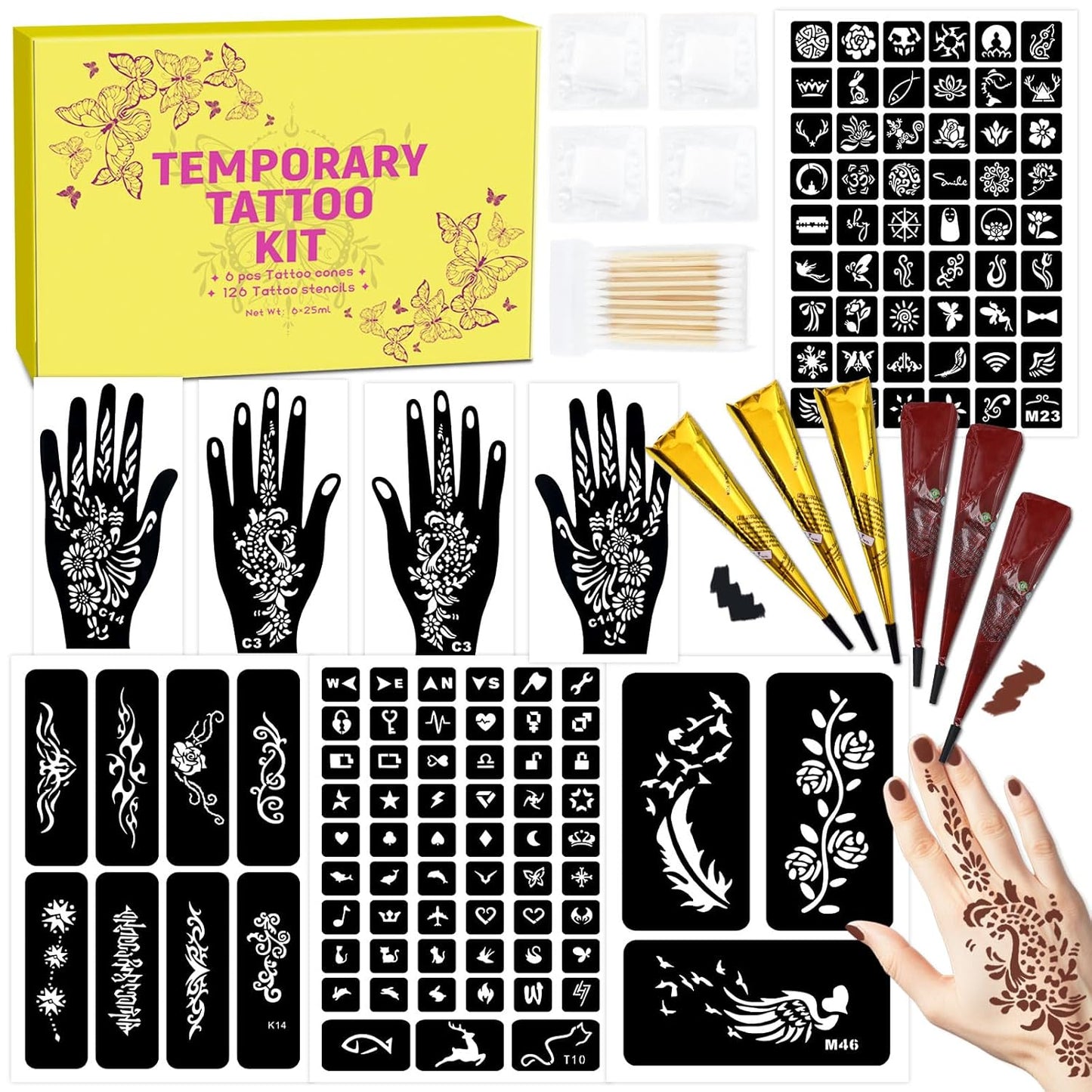 126 PCS Temporary Tattoos Stencils Kit,Temporary Tattoos Kit - 6 Pcs 2 Color(Brown Black) Ink with Gloves,DIY Body Art Painting for Women Men Adults Kids