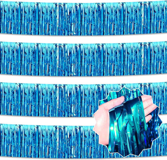 4 Pack 10 Ft Lake Blue Foil Fringe Garland Metallic Streamers Tinsel Banner Wall Hanging Garland Backdrop for Parade Floats, Halloween, Christmas, Thanksgiving, New Year Party Decorations