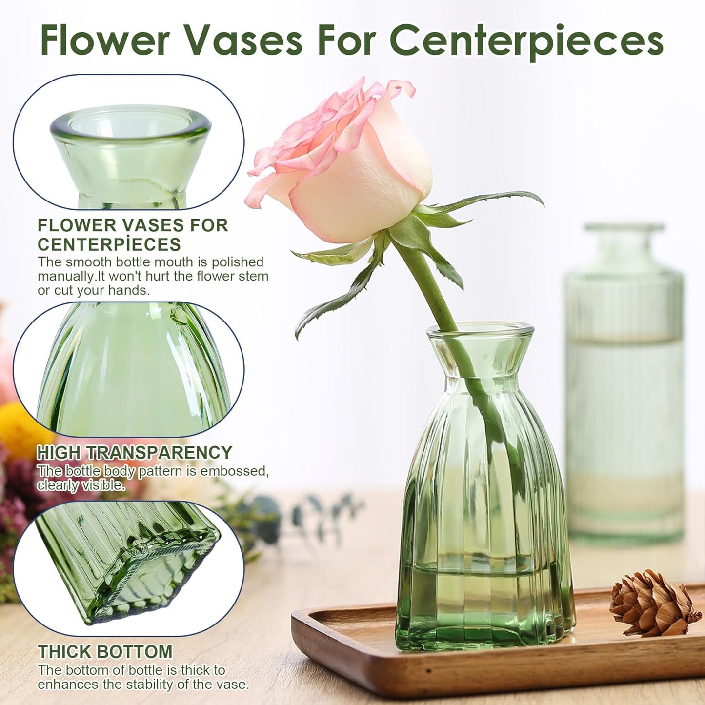 Vintage Small Glass Vases Set of 10,Mini Bud Vases for Flowers,Amber Glass Vases for Centerpieces,Wedding Decorations,Home Table Flower Decor (Hunt Green)