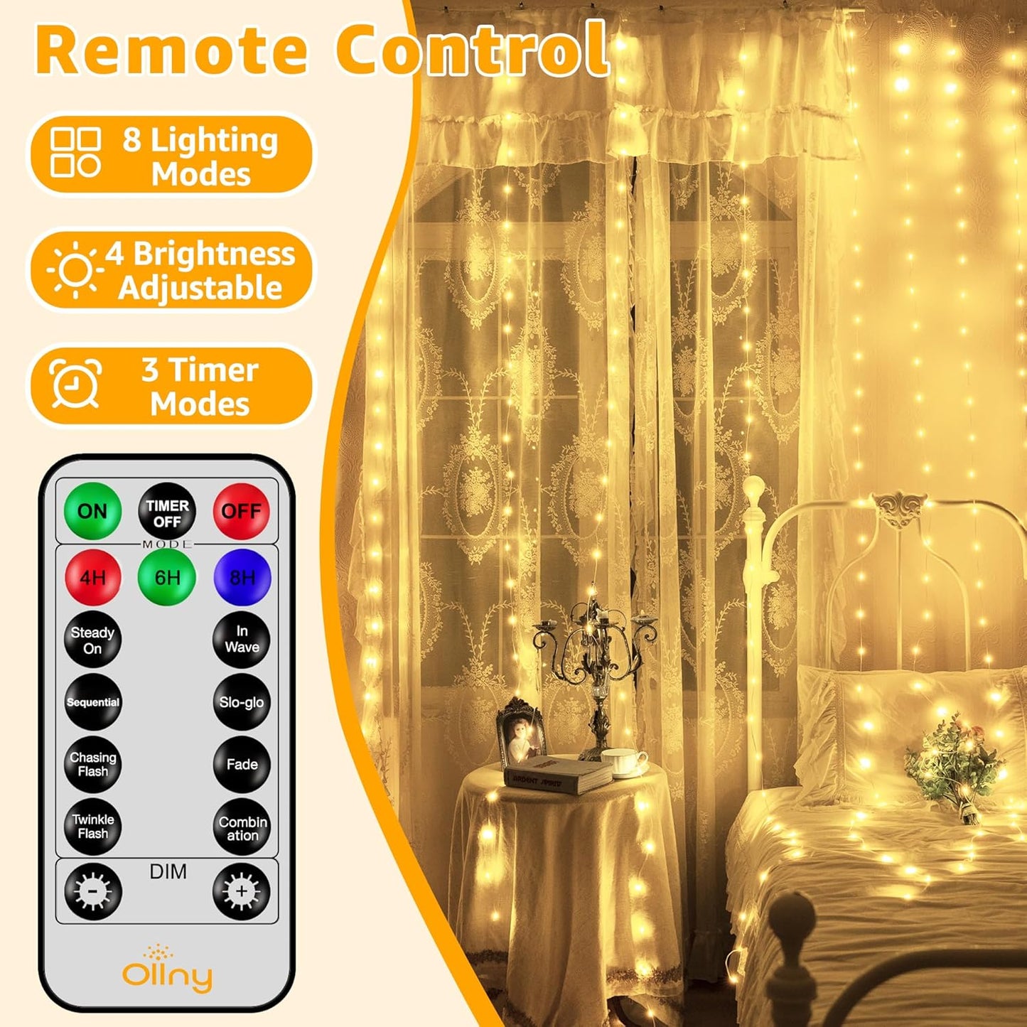 Ollny Curtain Lights 600LED 19.7ft x 9.8ft, IP67 Waterproof Outdoor Curtain Rice Lights with Remote, Plug-in Untangle Rice Curtain Light with 8 Modes 3 Timers for Wall Backdrop Decor(Warm White)