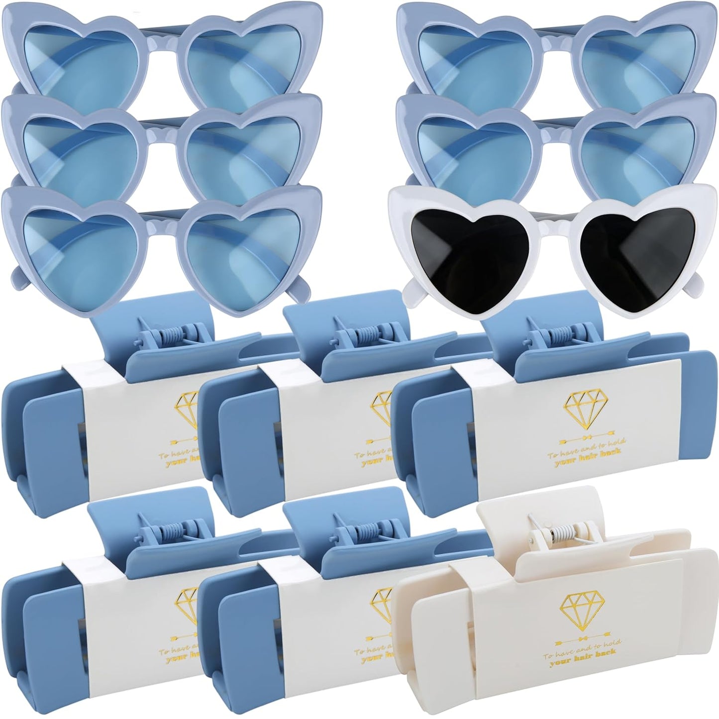 12pcs Bridesmaid Proposal Gifts 4.1inch square Bachelorette Claw Clips Sunglasses set of 12 Girls Trendy Cute Hair Clips for Wedding Party Favors(White&Dusty Blue 12pcs)