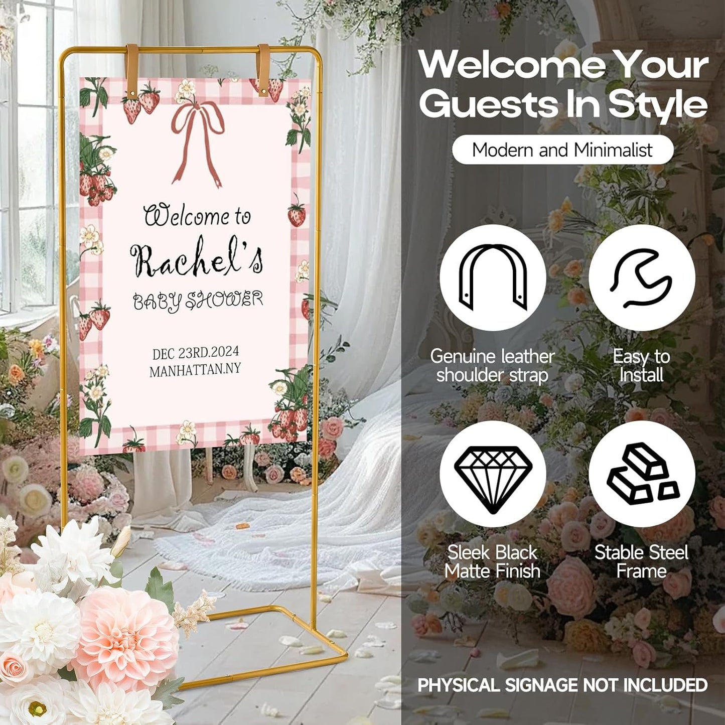 Wedding Sign Stand - Adjustable Wedding Sign W/Design Bundle & Leather Sign Hanging Straps, Durable Metal Easel Stand for Wedding Welcome Signs, Seating Charts, Ceremony & Reception Decor (Gold)