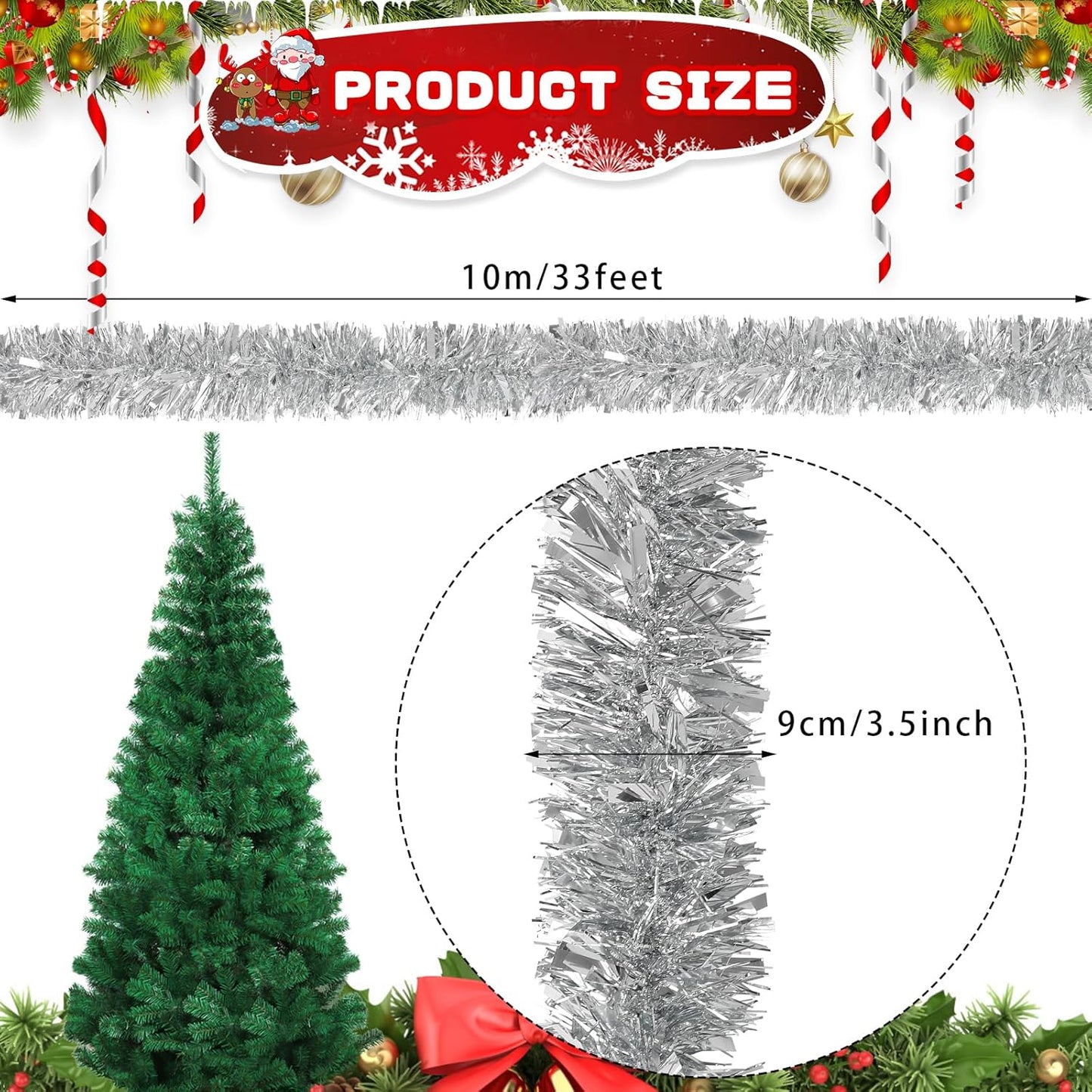 DECORA 33 Feet Silver Tinsel Garland, Christmas Metallic Hanging Tinsel Garland for Xmas Tree Home and Party Decoration