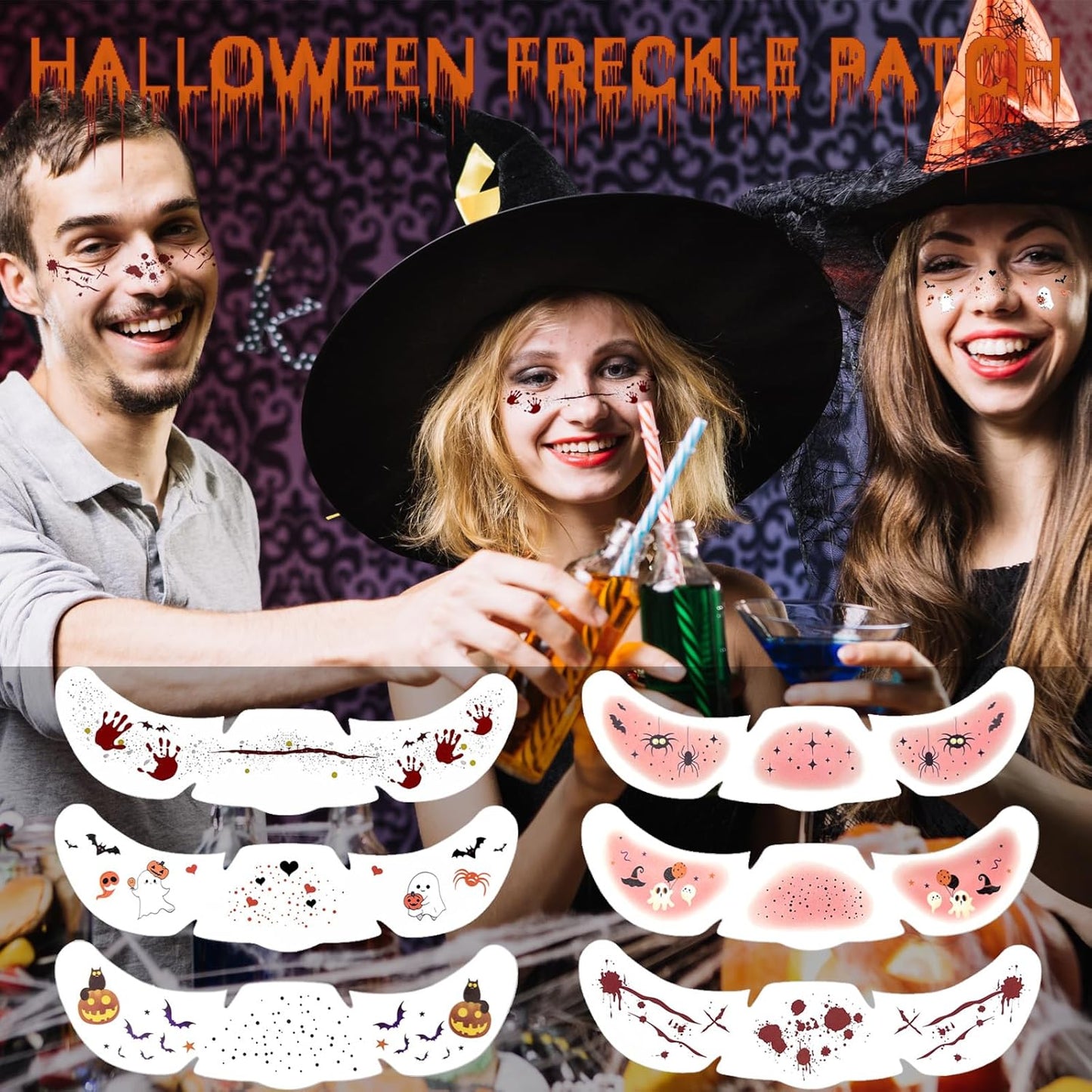 Glitter Freckles, 24PCS Glitter Freckles Face Tattoo, Sparkle Freckles for Women, Waterproof Gold Temporary Face Tattoos Glitter Glow Up Patches Makeup Patches (Halloween 6pcs)