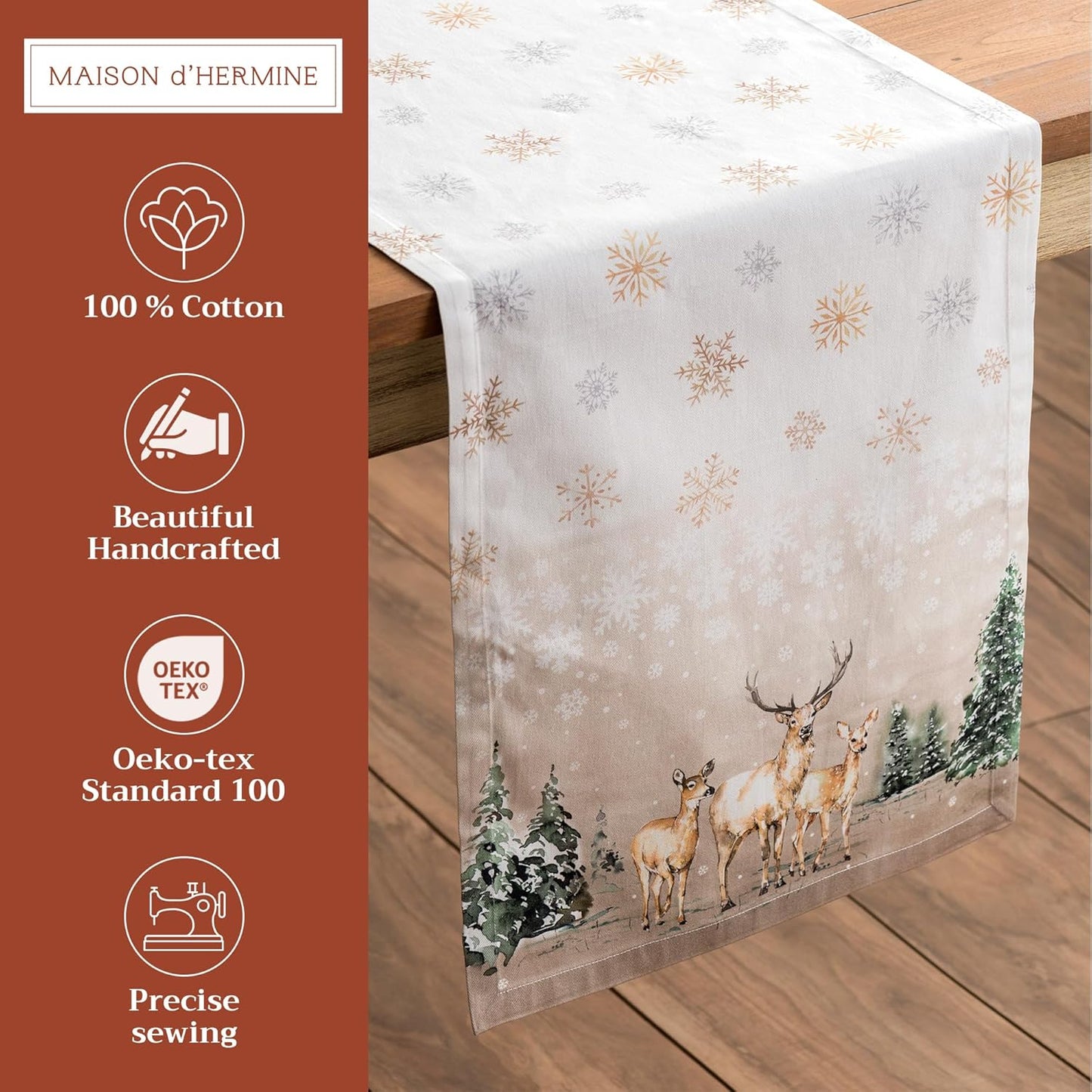 Maison d' Hermine Table Runner 100% Cotton Single Layer Table Runners 108 inches Long for Thanksgiving Christmas Decorations Home Kitchen Dining Party Wedding (Deer in The Woods, 14.5" x 108")