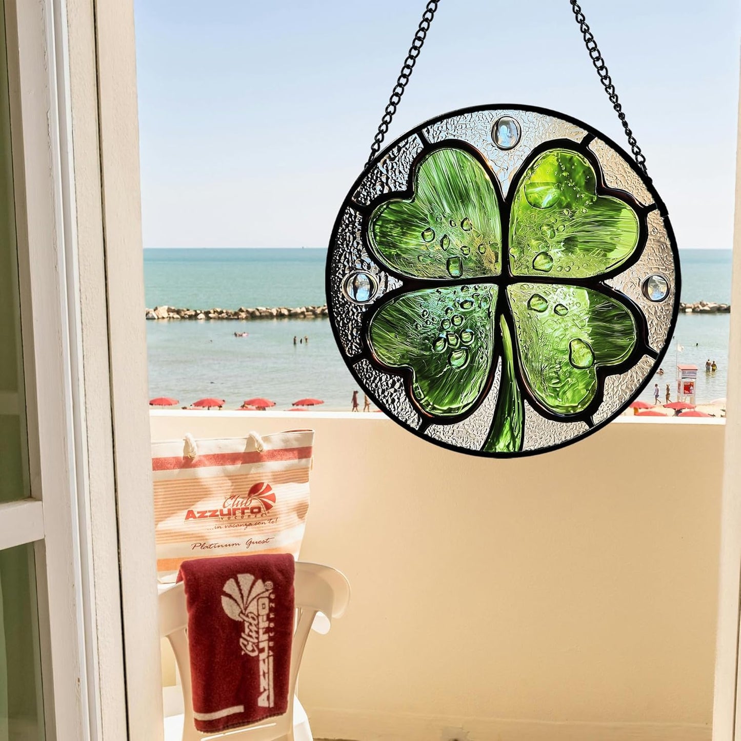 Stained Glass Window Hanging, Green Silver 4 Leaf Clover Sun Catcher for Window Door Home Decor Plant Suncatcher Christmas Mother's Day Birthday Gifts for Women Men Mom Nana 6.3 in