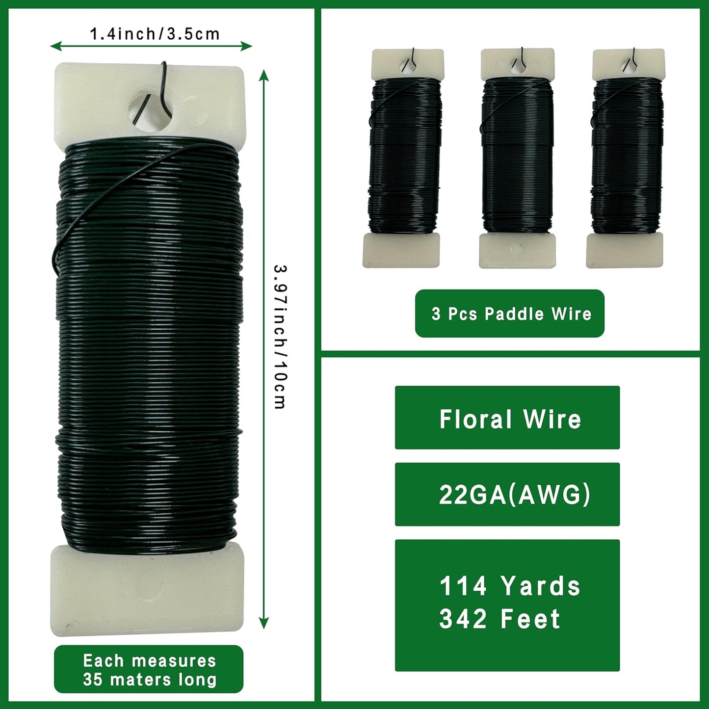 Green Floral Wire 3 Pack 114 Yards 22 Gauge Flexible Paddle Craft Wire for Wreath Making, Christmas Tree, Floral Arrangements and DIY Crafts