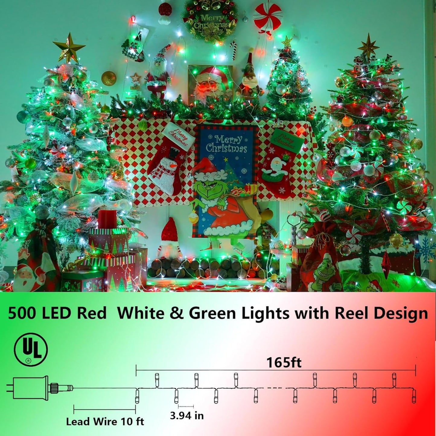 YEGUO 165ft 500 LED Christmas Lights Outdoor Waterproof, Clear Wire String Lights Indoor Plug in, 8 Modes Clear Wire Twinkle Tree Light for Xmas Party Garden(Red White and Green)