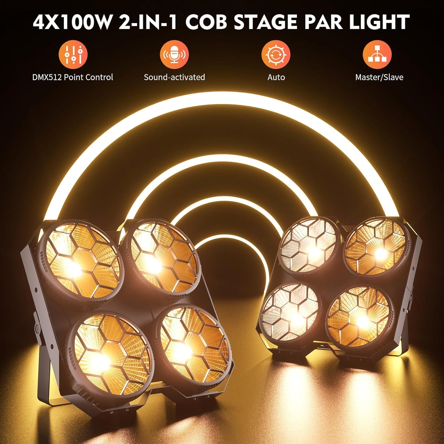 Stage Lights, 4X100W COB Spotlight LED Par Can Retro Lights, 2 in 1 Cool White & Warm White DMX512 Sound Activated Blinder Uplights for Events Parties Wedding Church Concert Studio Show Dance - 2Packs