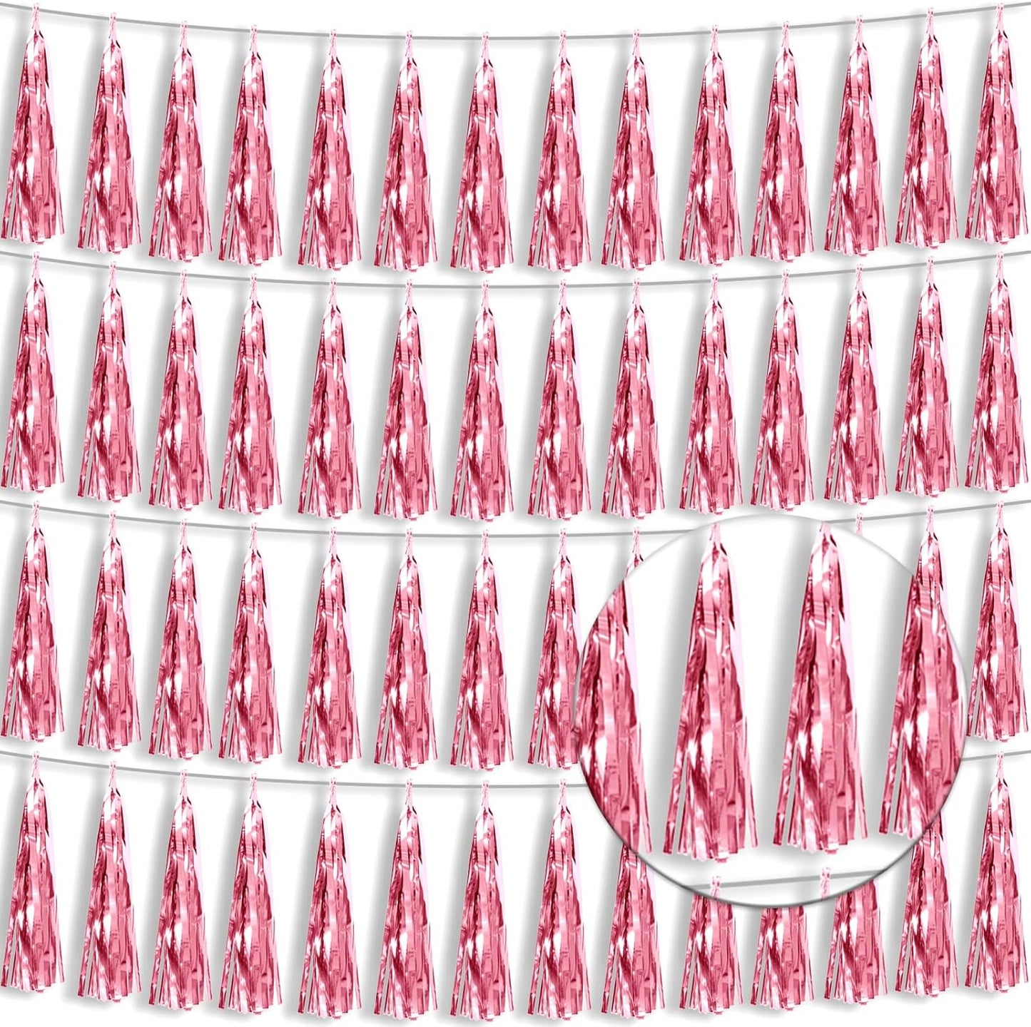 4P Pink Foil Fringe Tassel Banner Garland Metallic Tinsel Streamers Wall Hanging Curtain Backdrop Banner for Parade Floats, 2024 Graduation Decorations, Wedding Party Decoration