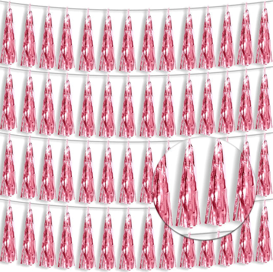 4P Pink Foil Fringe Tassel Banner Garland Metallic Tinsel Streamers Wall Hanging Curtain Backdrop Banner for Parade Floats, 2024 Graduation Decorations, Wedding Party Decoration