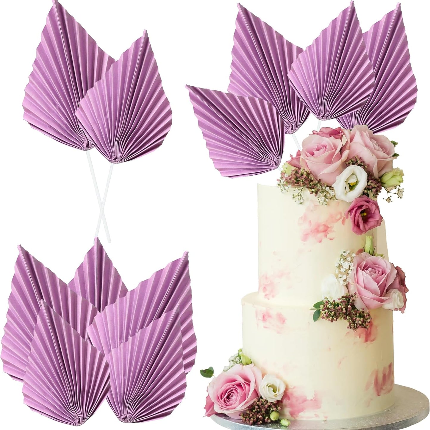Ephlyn 6Pcs Paper Palm Fan Cake Topper Palm Spear Leaves Fan Cake Pick for DIY Craft Project Home Made Wedding Bridal Shower Birthday Anniversary Party Cake Decorations Purple