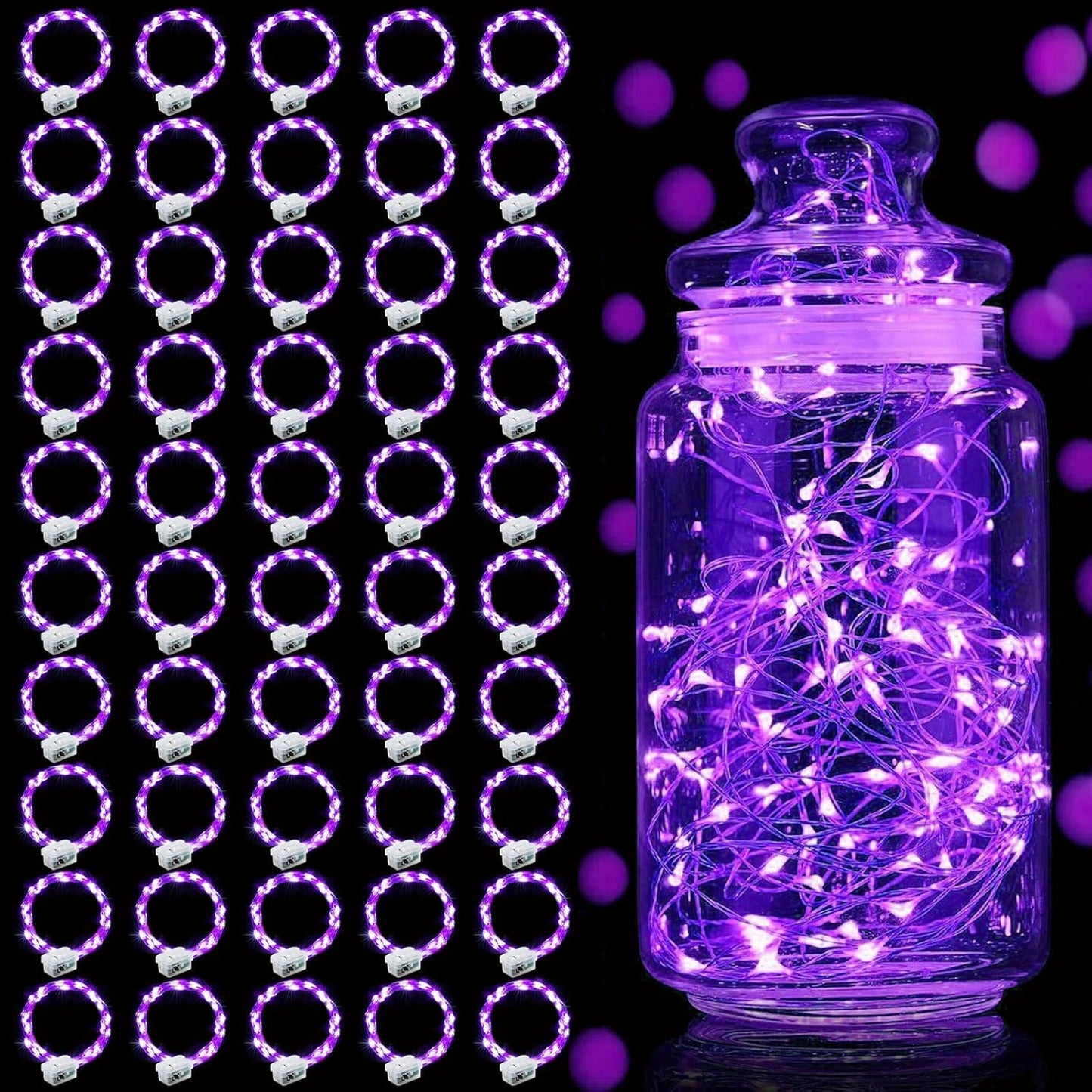 Aogist 50 Pack Fairy Lights 3 Modes 7ft 20 LED Waterproof,Battery Operated Silver Wire Firefly Starry Moon Mini String Lights for Mason Jars Christmas DIY Crafts Wedding Party Bedroom,Purple
