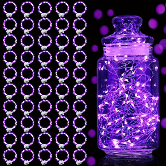 Aogist 50 Pack Fairy Lights 3 Modes 7ft 20 LED Waterproof,Battery Operated Silver Wire Firefly Starry Moon Mini String Lights for Mason Jars Christmas DIY Crafts Wedding Party Bedroom,Purple