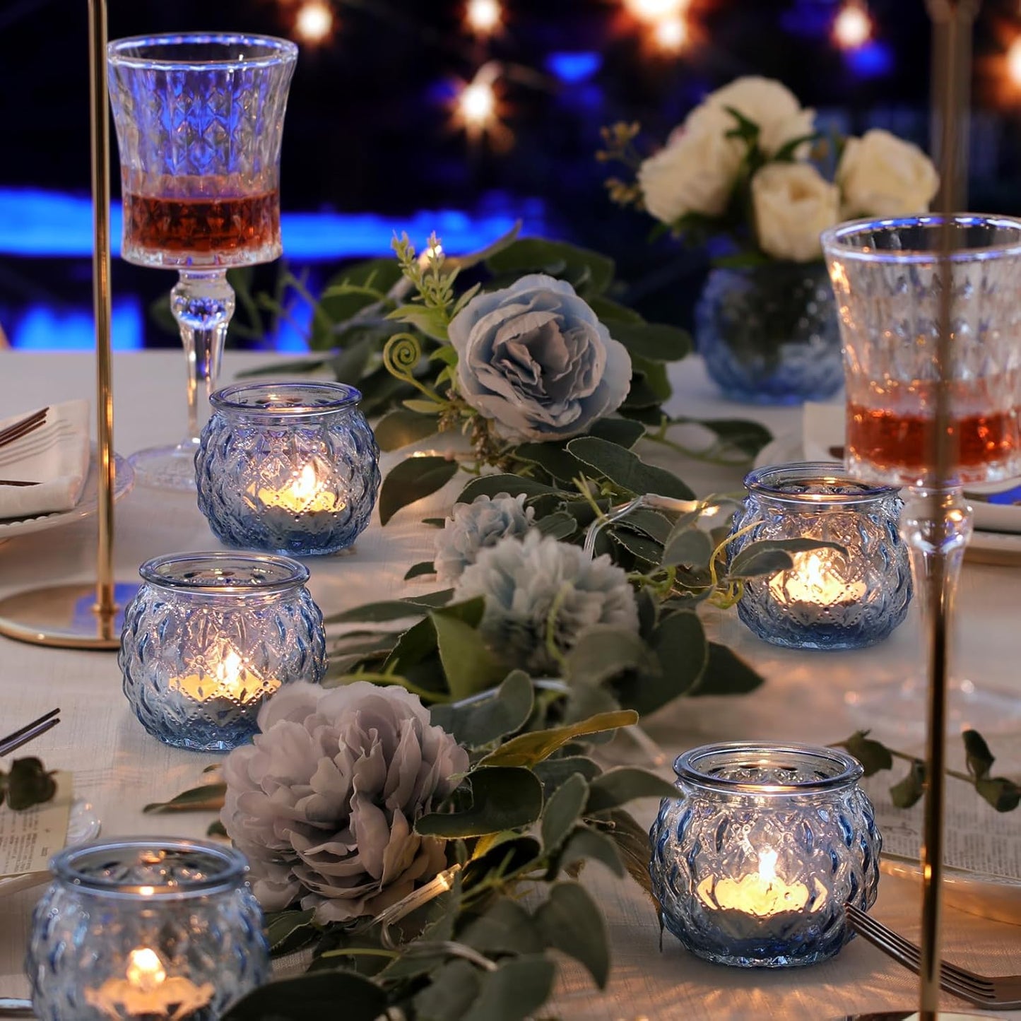 DARJEN 48Pcs Blue Round Candle Holders - Bulk Glass Candle Holders for Vintage Decoration, Tea Lights for Wedding Shower, Party & Gift