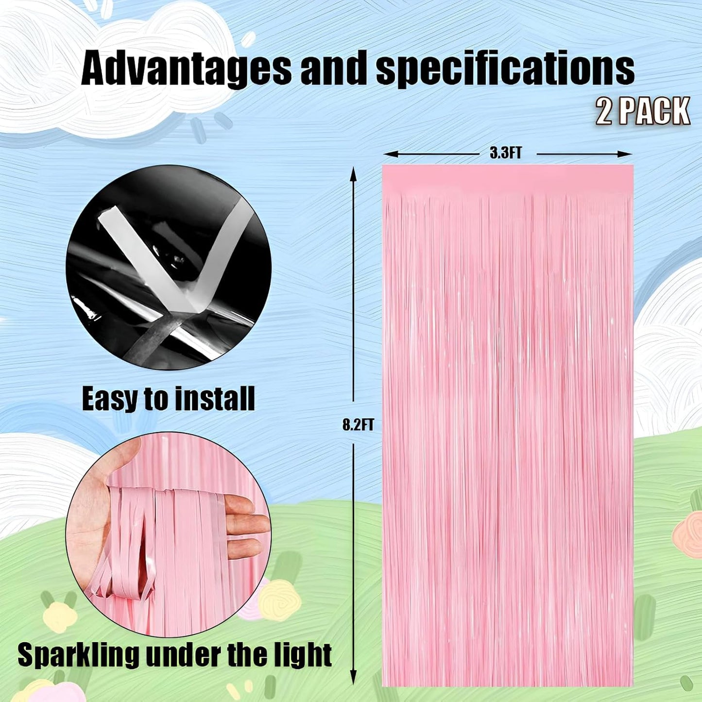 Keyali 2 Pack 3.3 * 8.3 ft Foil Curtain Metallic Tinsel Fringe Curtains Photo Booth Props Backdrop for Birthday Wedding Engagement Baby Shower Christmas Holiday Celebration Party，Pastel Pink