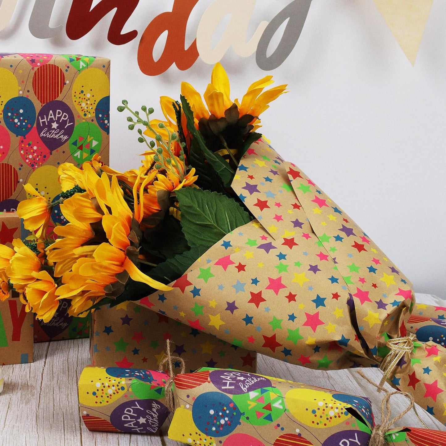 LaRibbons Birthday Wrapping Paper Roll for Kids, 30 Inch x 33 Feet (83 sq. ft. ttl.) Kraft Gift Wrap Paper with Colorful Star Pattern for Baby Shower Holiday Party