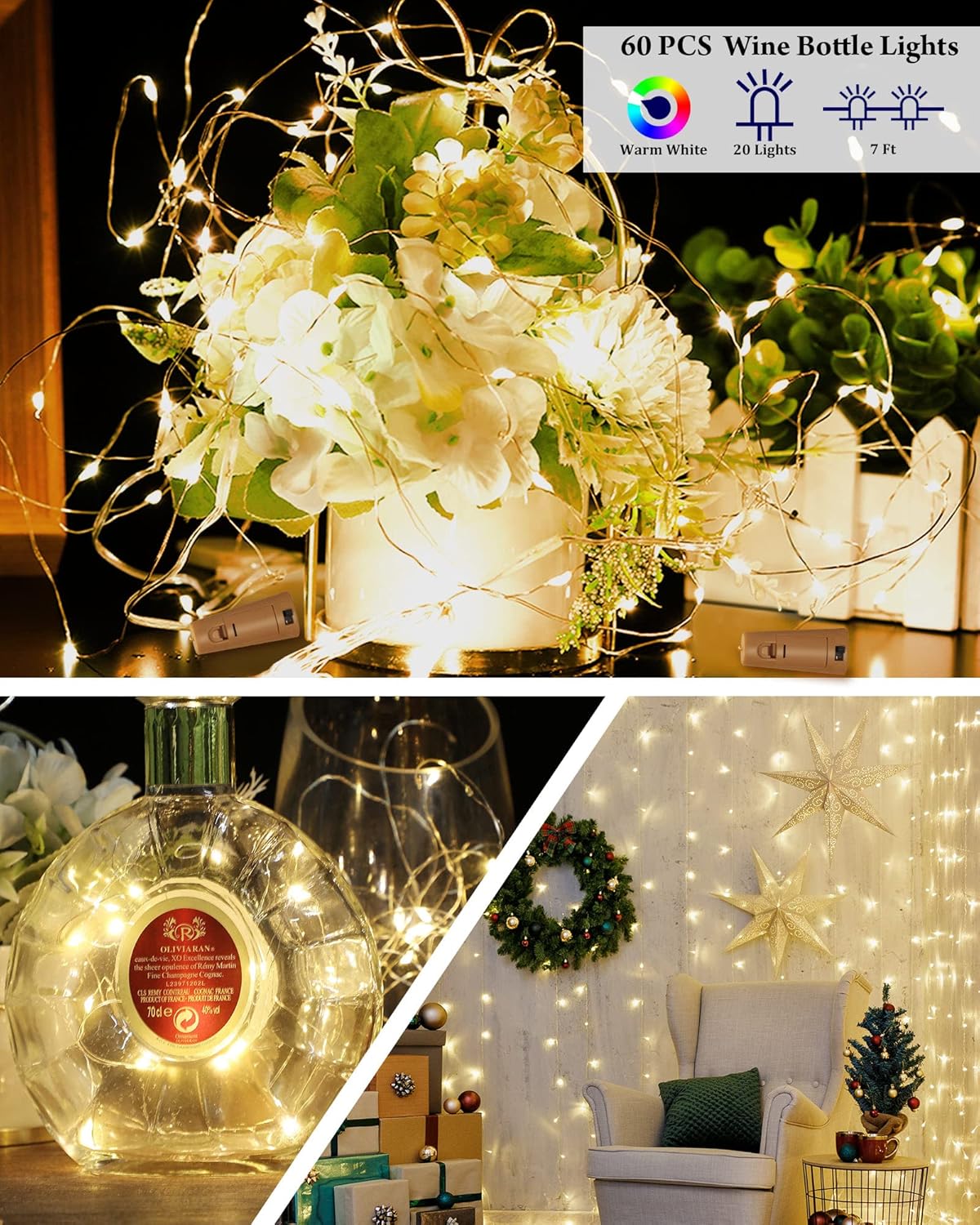 Hortsun 60 Pack Wine Bottle Lights with Cork Fairy Mini String Lights Battery Operated Mini Waterproof 7 ft Silver Wire 20 Led Cork Shape for Christmas, DIY, Party, Decor, Wedding, Bar(Warm White)