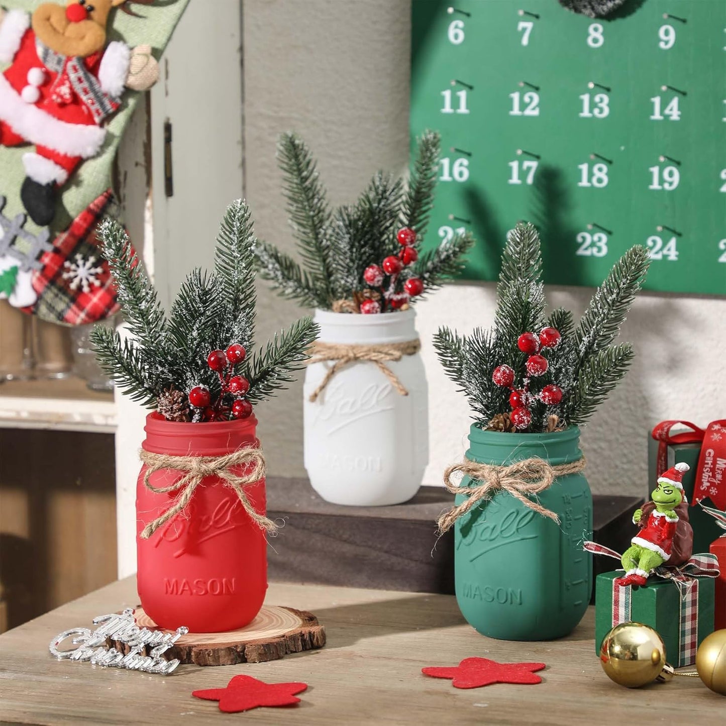 Winter Mason Jars, Winter Centerpieces for Tables, Wood Tray & 3 Painted Decorative Jars, Christmas Table Centerpieces Decoration, Farmhouse Dining Table Kitchen Decorations Home Decor