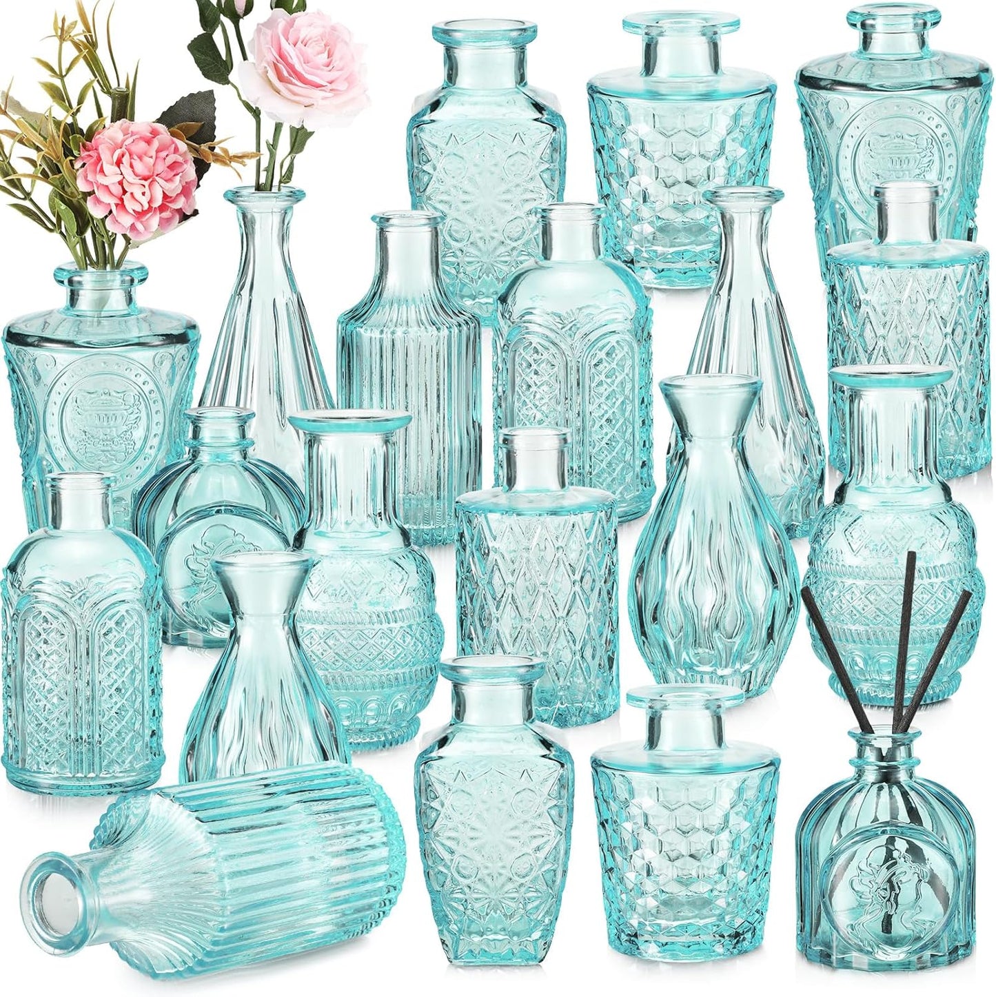 20 Pcs Glass Bud Vase Set Small Vintage Flower Vase in Bulk for Centerpieces Rustic Decorative Glass for Wedding Table Home Christmas Decoration (Light Blue)