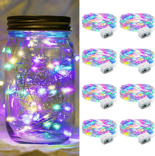 8 Pack Fairy Lights 7Ft 20 LED Twinkle String Lights 3 Modes Battery Operated Waterproof Firefly Starry for Mason Jar Party Wedding Christmas Valentines Day Table Centerpieces,Rainbow