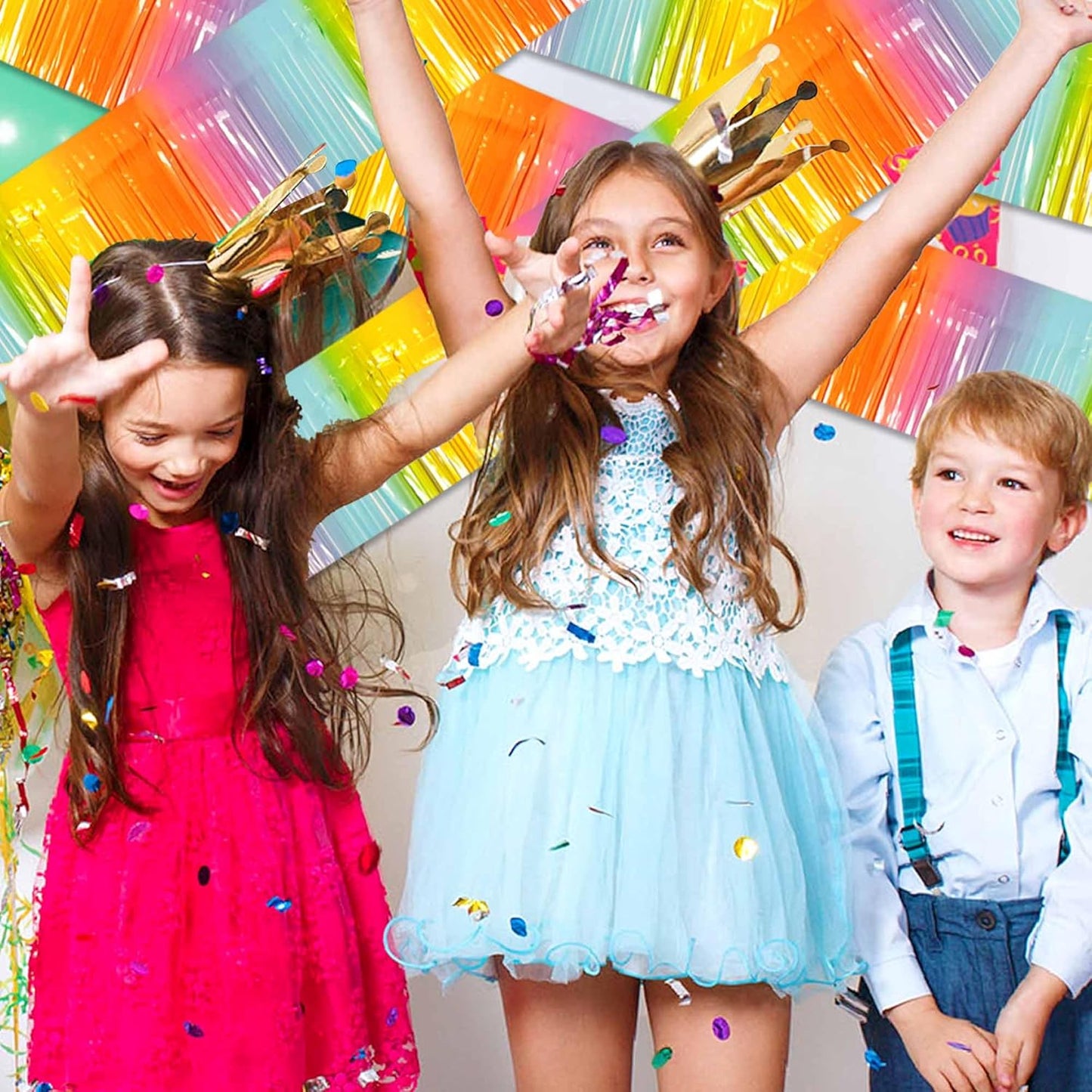6 Pack 10 Ft Light Rainbow Foil Fringe Garland Metallic Streamers Tinsel Banner Wall Hanging Garland Backdrop for Parade Floats, Halloween, Christmas, Thanksgiving, New Year Party Decorations
