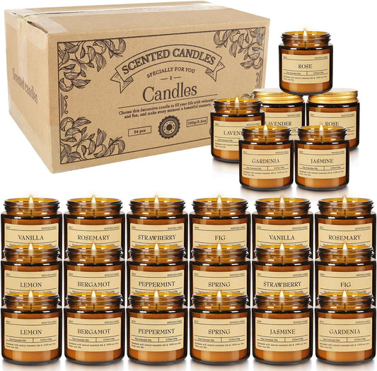 24-Pack Scented Candle Gift Box - 12 scents to Choose from (Rose/Lavender/Lemon/Vanilla), Natural Soy Wax - Birthday, Halloween and Christmas，Gift for Best Friends, Male and Female Friends
