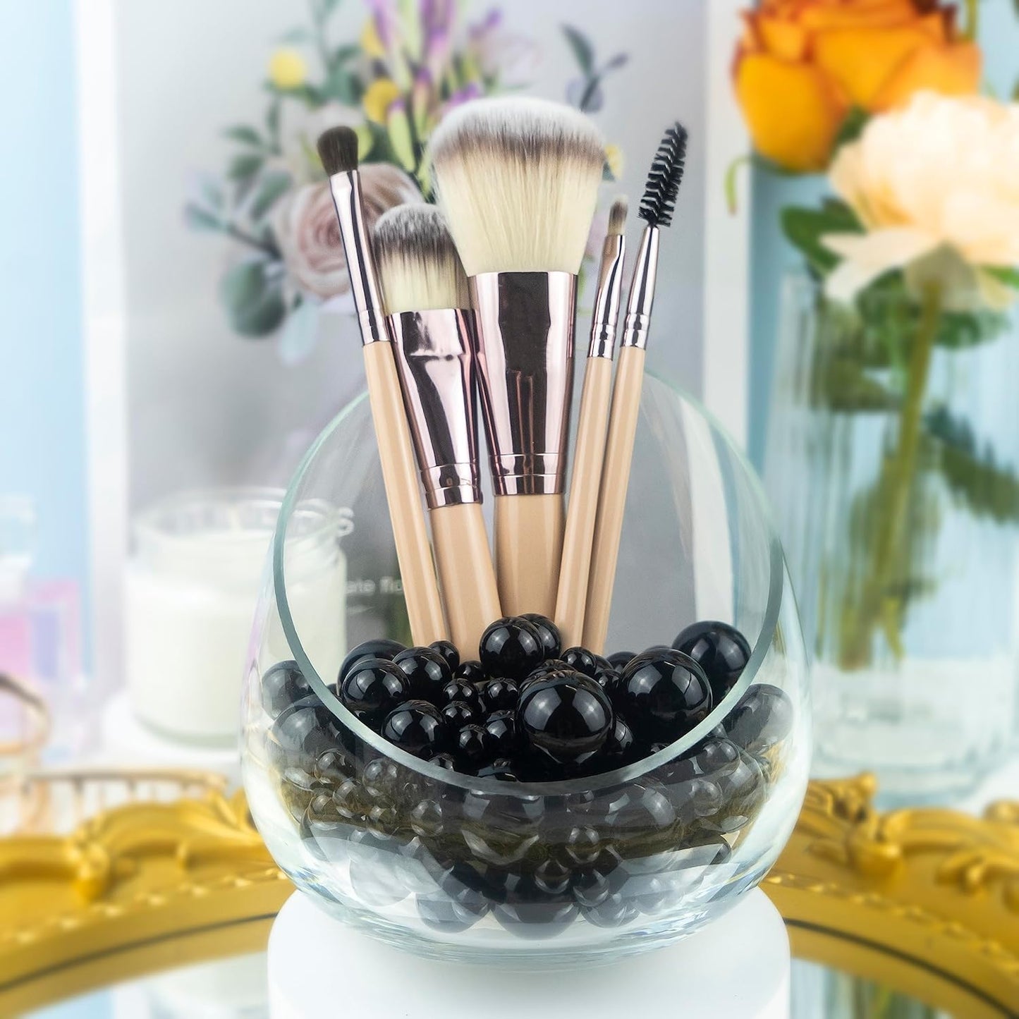 300Pcs Black Polished No Hole Faux Pearl Beads for Vase Filling Decorations, Plastic Pearls Vase Fillers, Table Scatters, Wedding Centerpiece, Home Decor, 8/14/20 mm