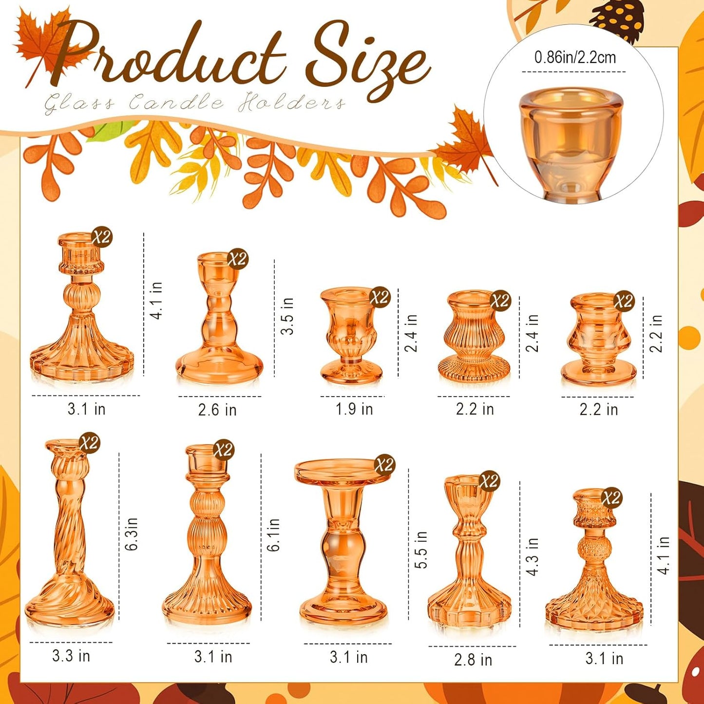 Mumufy 10 Pcs Glass Crystal Taper Candle Holders Clear Glass Candlestick Holder Fit 0.8 Inch Candles Crystal Decorative Candle Stand Centerpiece Table Wedding Dining Party (Classic,Orange)