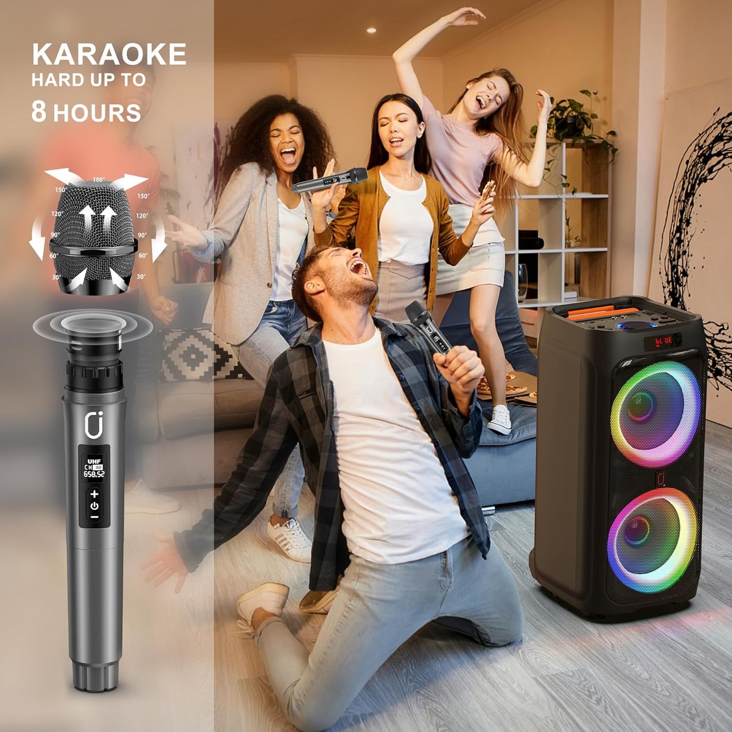 JYX Karaoke Machine with 2 Wireless Microphones, 8" Big Portable Bluetooth Speaker for Adults with RGB Light PA System Treble & Bass, Support TWS/USB/AUX/TF Card/REC, for Home Party Outdoors