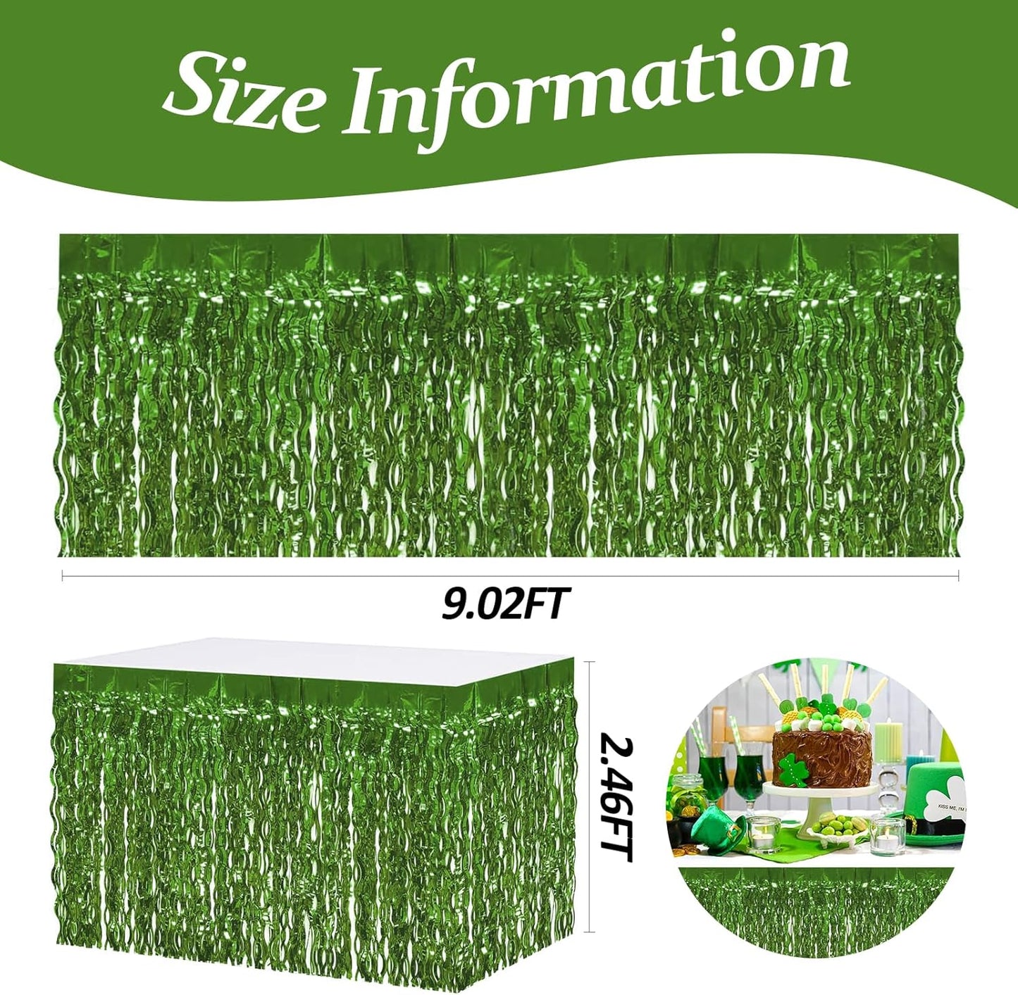 4P Wavy Metallic Tinsel Foil Fringe Table Skirts for Rectangle Tables Backdrop Garland Curtains for Parade Floats Wedding Birthday Parties Decoration Graduation 2025 Christmas (Light Green)