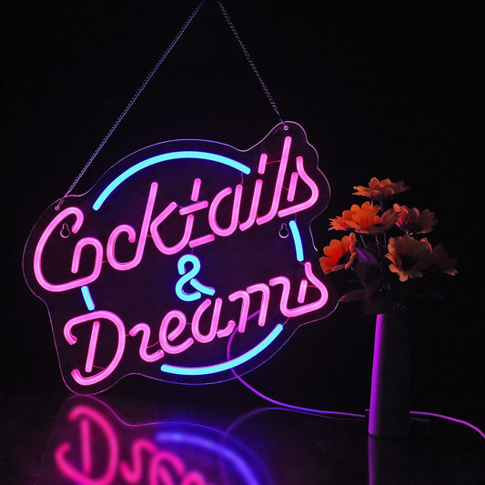 Cocktails and Dreams Neon Sign for Wall Decor Neon Signs with Dimmable Switch LED Neon Signs Bedroom Beer Bar Neon Light Sign Hotel Party Club Office Art Lights
