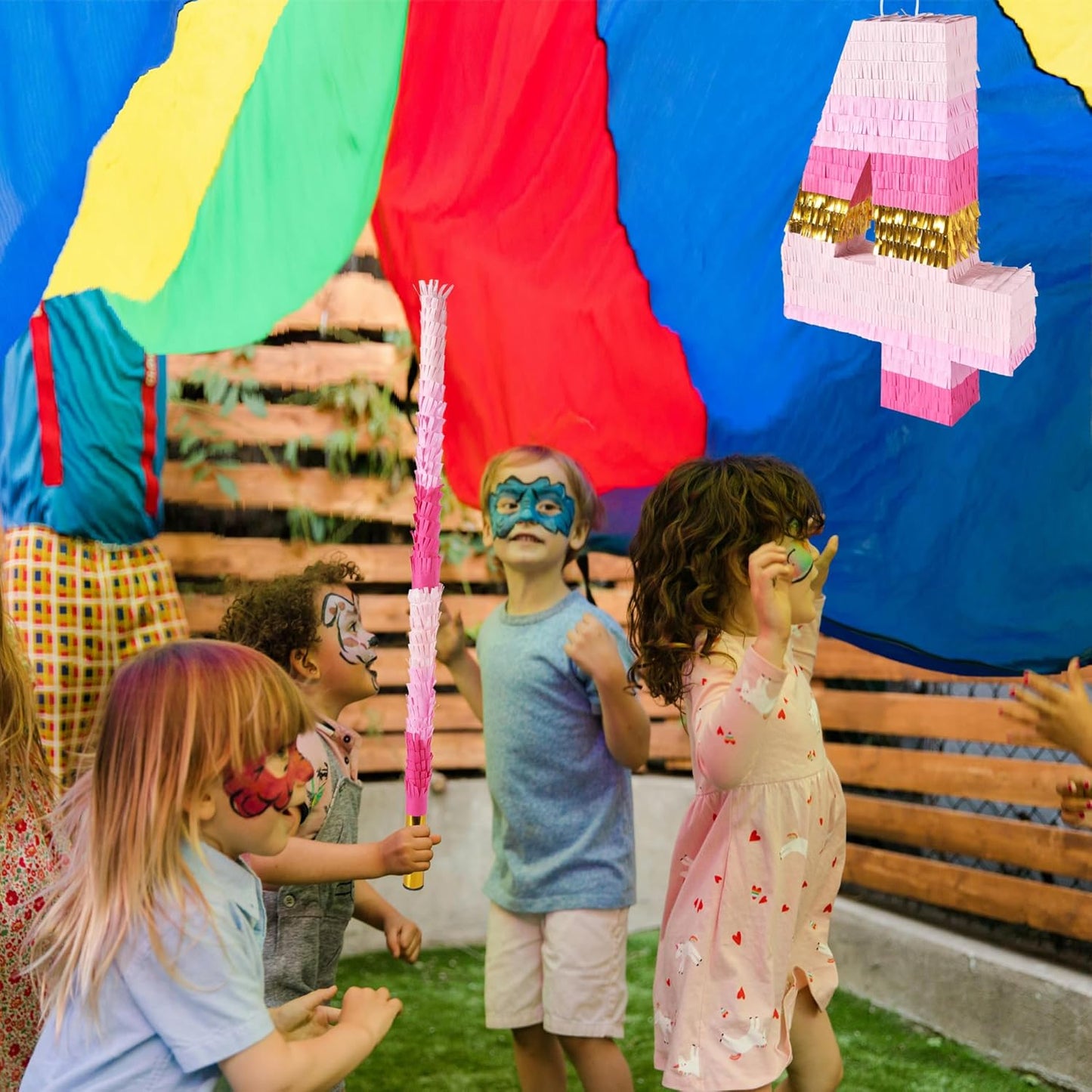 PCFING 20 Inch Number 4 Piñata Pink Gold with 30 Inch Piñata Stick Blindfold Confetti for Boys Girls Adults Birthday Party Decorations, Anniversary Celebration, Fiesta