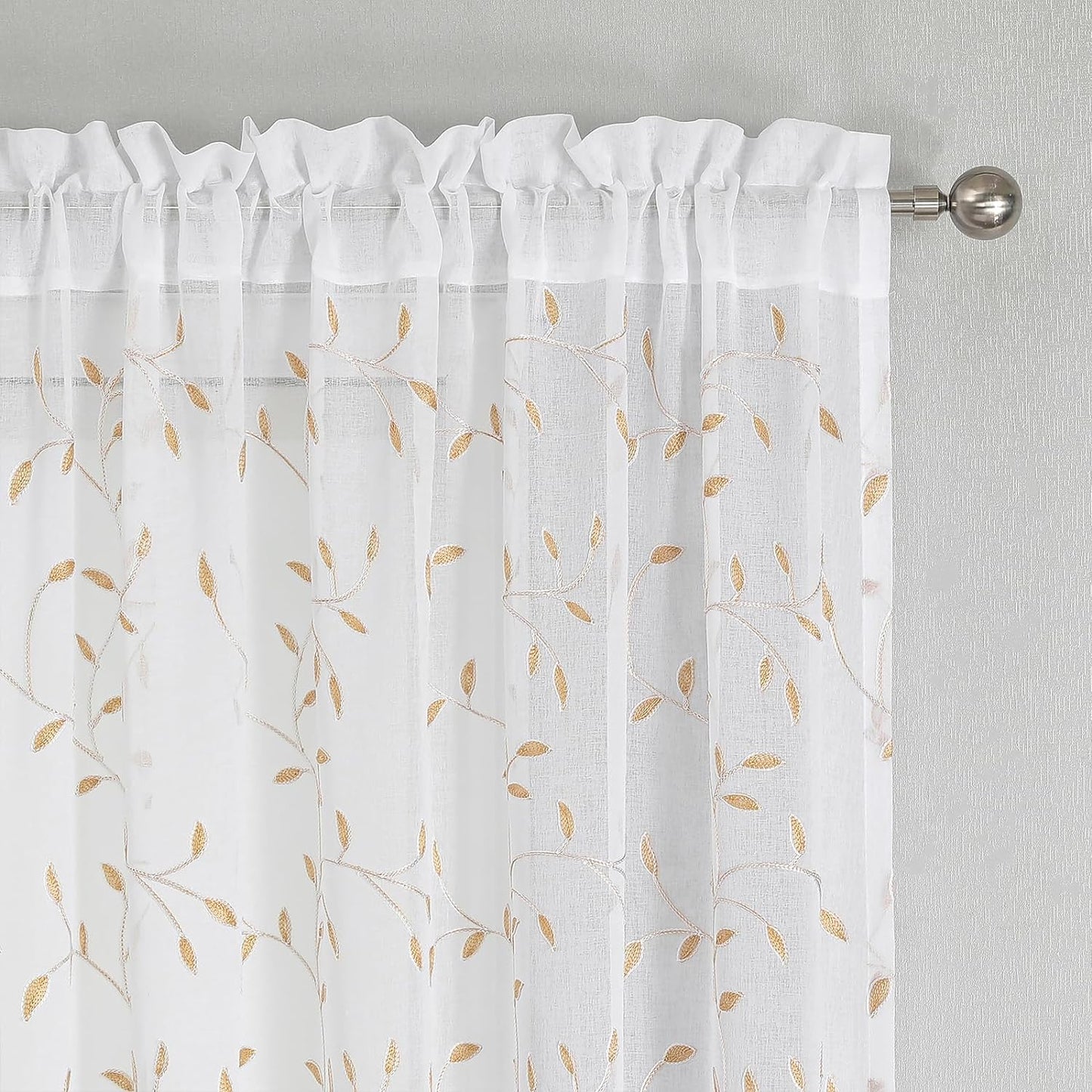 VISIONTEX White Sheer Voile Curtains, Decorative Orange Leaves Embroidery Faux Linen Rod Pocket Window Drapes for Home Kitchen, Living Room and Bedroom 54 x 72 Inch, Set of 2 Curtain Panels