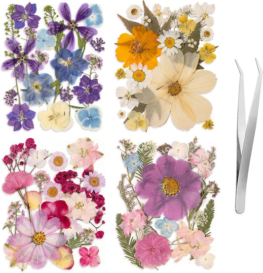 80PCS Spring Large Pressed Flowers Leaves , Real Nature Dry Flowers for Resin Craft, Larage Pressing Floral with Tweezers Set for DIY Jewelry Making Nail Card Scrapbook Art